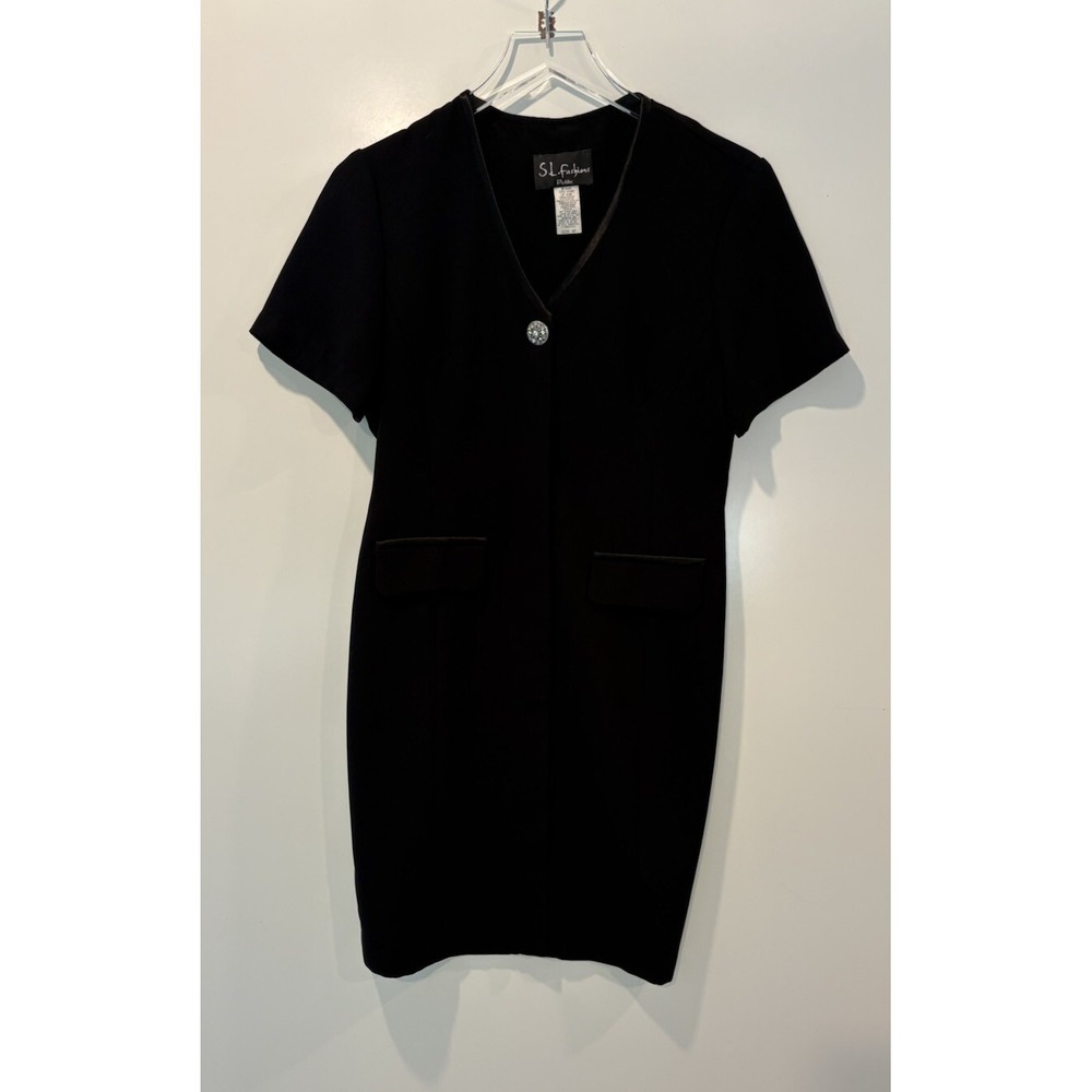SL Fashions Petite Black Sheath Dress Rhinestone Button V-Neck Size 6P 415382